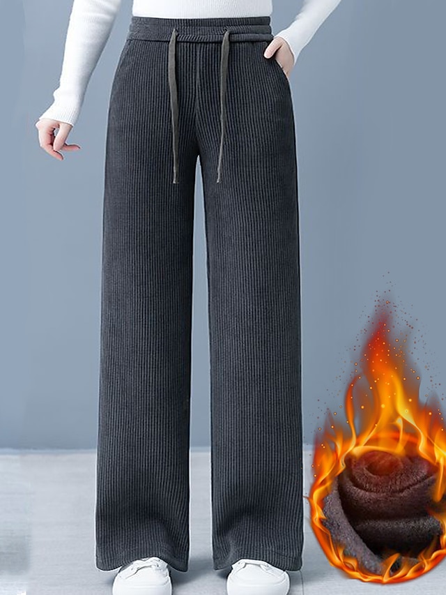  Women‘s Wide Leg Corduroy Fleece Pants Trousers Full Length Fashion Streetwear Outdoor Grey Black M L Fall Winter