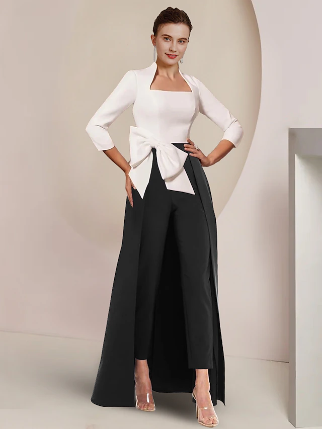 Jumpsuit Mother of the Bride Formal Wedding Guest Elegant Party Square Neck Ankle Length Stretch Fabric 3/4 Length Sleeve with Bow(s) Color Block 7