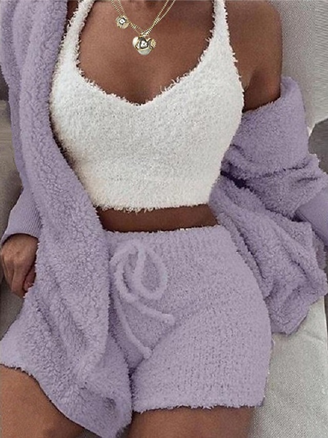  Women's Fleece Loungewear Sets 3 Pieces Fluffy Fuzzy Warm Pajama Pure Color Sport Plush Casual Home Daily Bed Cotton Blend Breathable V Wire Long Sleeve Shorts Elastic Waist Fall Winter Pink Purple