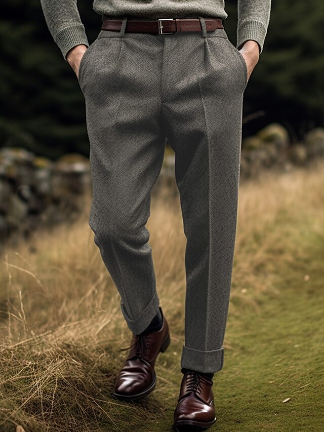 Men's Graduation Dress Pants Trousers Suit Pants Tweed Pants Pocket Plain Comfort Breathable Outdoor Daily Going out Fashion Casual Coffee2