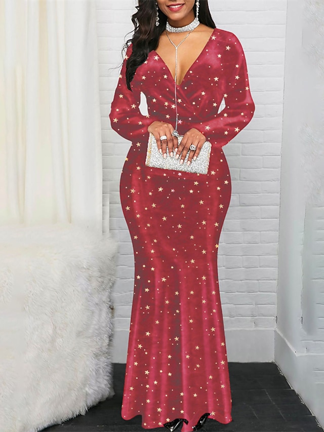  Women‘s Plus Size Curve Party Dress Print V Neck Ruched Long Sleeve Fall Winter Prom Dress Maxi long Dress Party Daily Dress