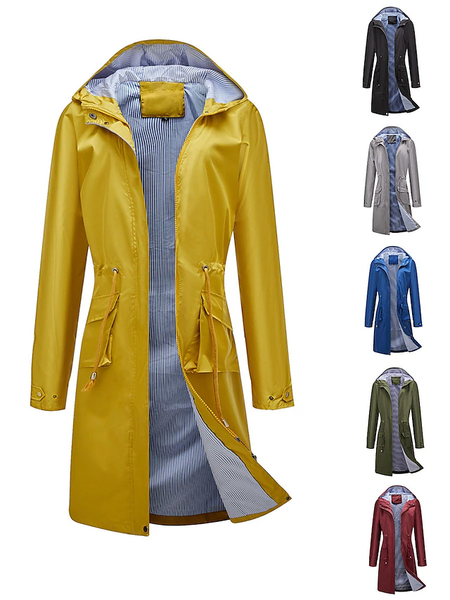 Women's Raincoat Waterproof Rain Jacket Mid-Length Windproof Trench Coat Sport Outdoor Hiking Hooded Jacket with Pockets Casual Jacket Long Sleeve Drawstring Winter Coat Warm Black Yellow 37