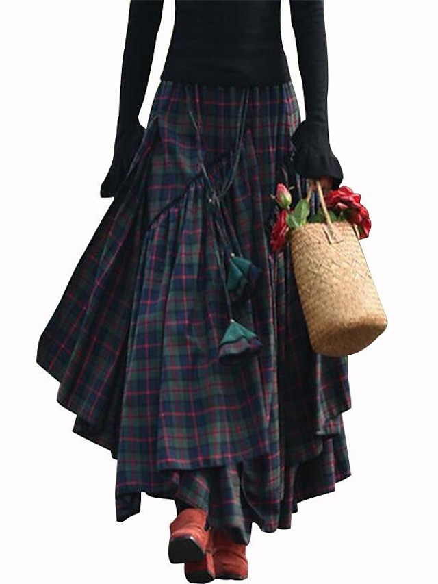  Women's Skirt Swing Long Pleated Plaid Skirt Maxi Green Skirts Fall & Winter Ruched Layered Fashion Party S M L