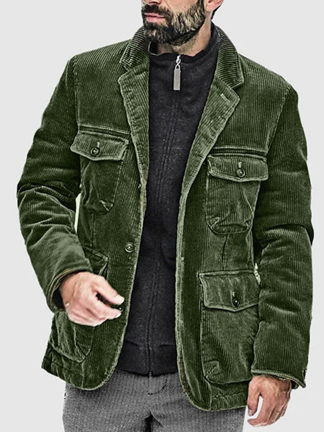  Men's Corduroy Jacket Shacket Outdoor Daily Wear Warm Fall Winter Plain Fashion Streetwear Lapel Regular Black Army Green Dark Gray Jacket