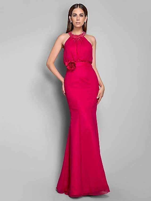  Mermaid / Trumpet Open Back Dress Prom Formal Evening Floor Length Sleeveless High Neck Chiffon with Beading Flower 2023