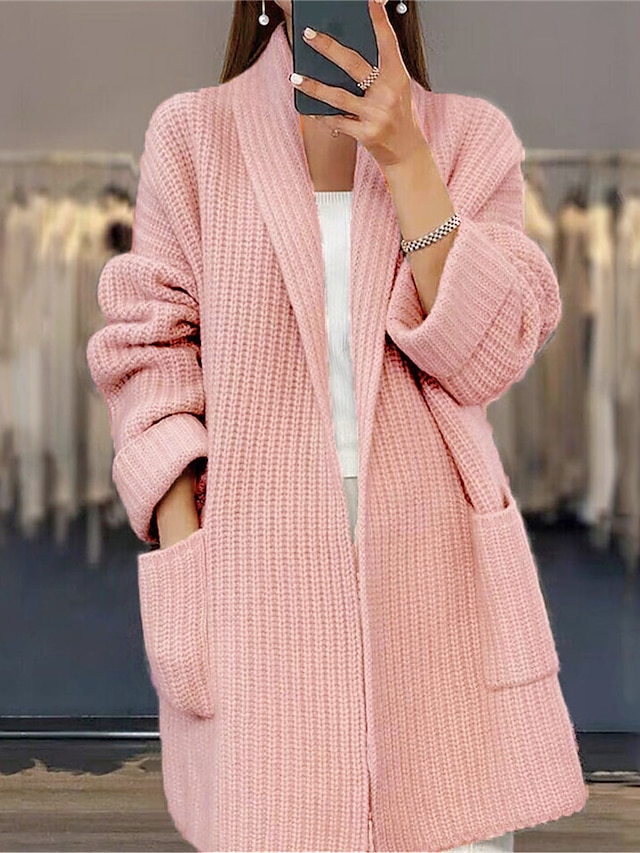  Women's Cardigan Sweater Open Front Ribbed Knit Acrylic Pocket Fall Winter Long Valentine's Day Daily Going out Stylish Casual Soft Long Sleeve Solid Color Pink Camel Beige S M L