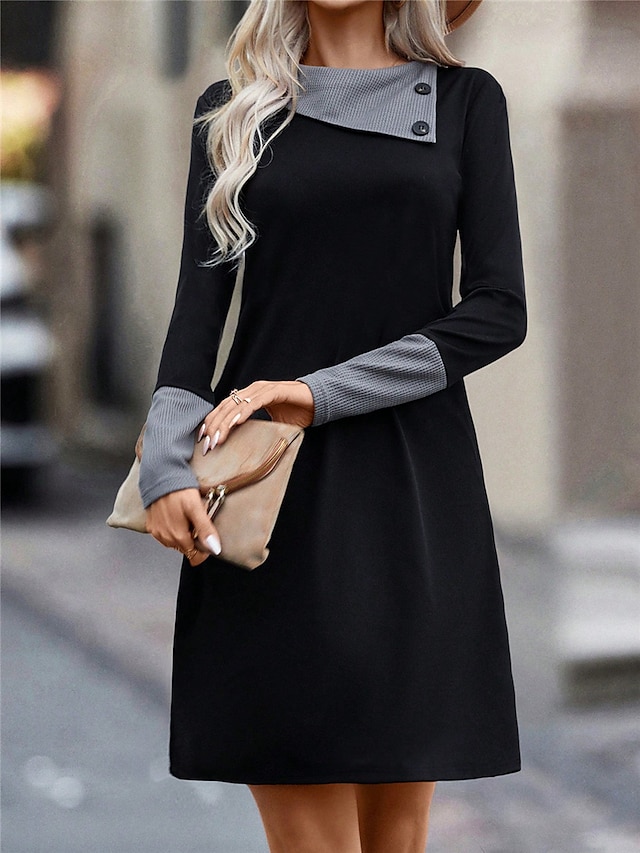  Damen Casual kleid Minikleid Patchwork Taste Arbeit Täglich Verabredung Modisch Modern Kargen Langarm Schwarz Farbe