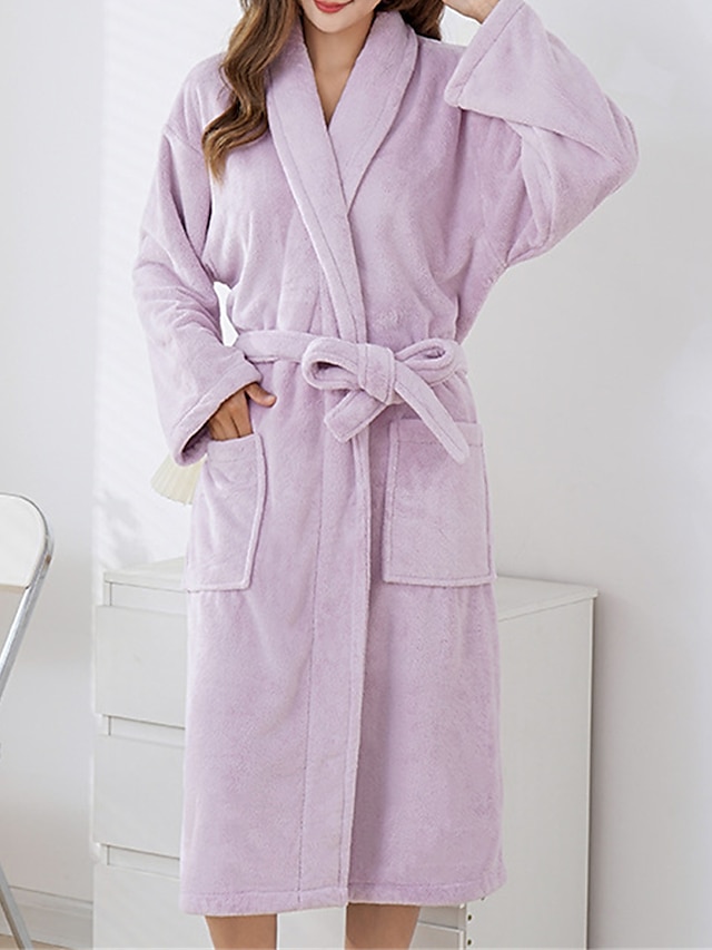  Women's Fleece Pajamas Robe Bathrobe Pure Color Plush Comfort Home Daily Bed Coral Fleece Coral Velvet Warm Lapel Long Sleeve Pocket Fall Winter Dark purple thick plain color (without hood) Pineapple
