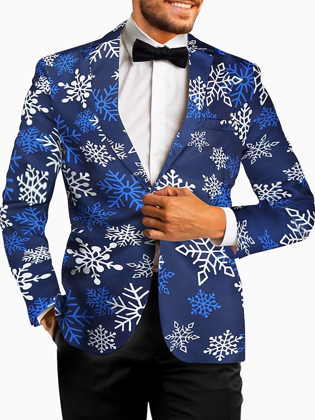  Men's Christmas Ugly Party Blazer Jacket Regular Tailored Fit Snowflake Printing Single Breasted One-button for Dinner Prom Holiday Plus Size Xmas 2023