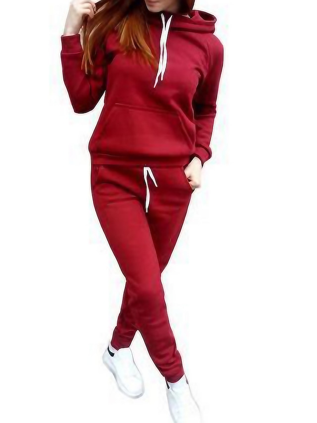  Women's Hoodie Tracksuit Pants Sets Solid Color Drawstring Outdoor Casual Warm Sports Long Sleeve Hooded Black Fall & Winter
