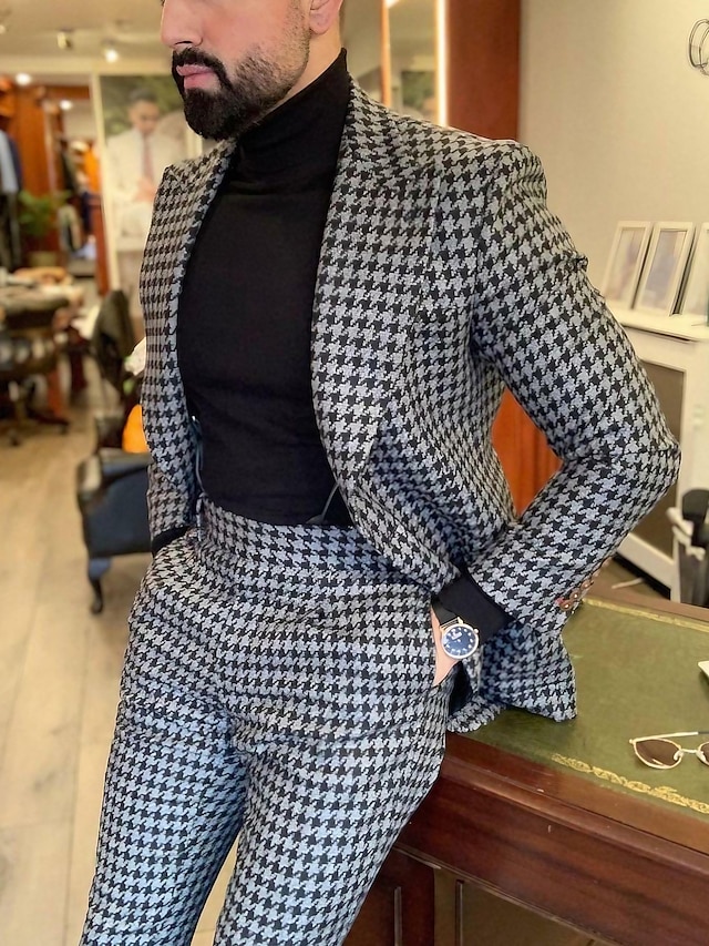  Black & White Men's Tweed Suits Houndstooth Checkered 2 Piece Fall &Winter Wedding Suits Casual Blazer Pants Set Tailored Fit Single Breasted One-button 2024