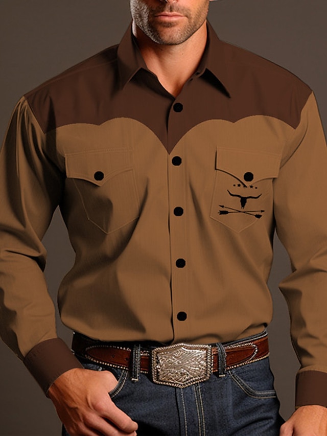 Cowboy Vintage western style Men's Shirt Western Shirt Outdoor Street Casual Daily Fall & Winter Turndown Long Sleeve Brown khaki S M L Shirt