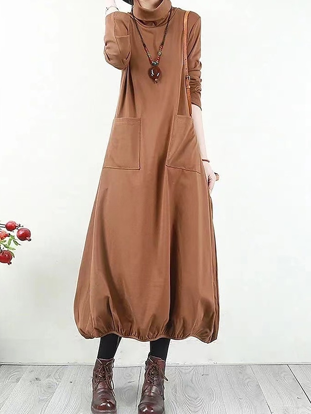  robe noire Robe casual Robe unie Femme robe longue Ruché Poche du quotidien Rendez-vous Sortie Actif Mode Col Roulé manche longue 2023 Ample Noir Vin Kaki M L XL 2XL 3XL