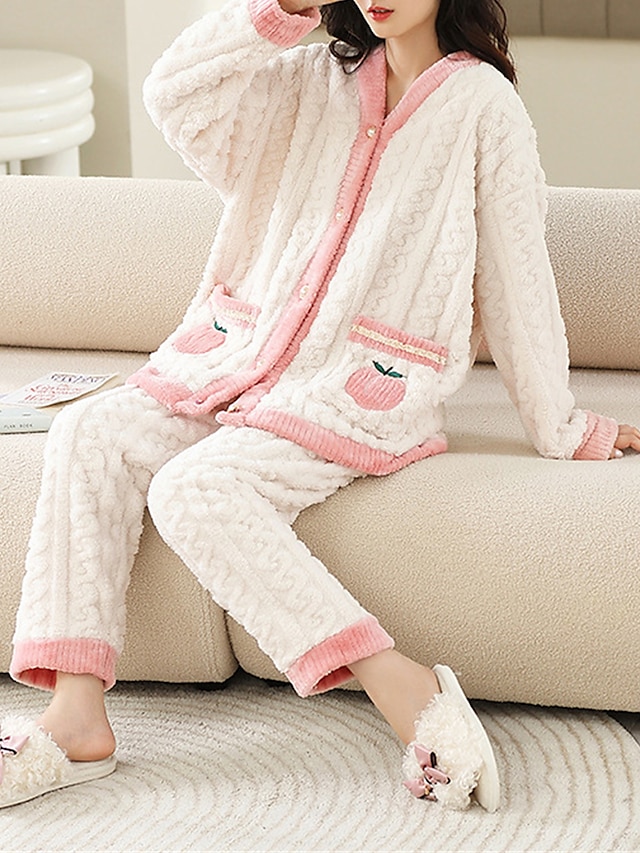 Women's Fleece Pajamas Sets Fruit Warm Plush Fluffy Fuzzy Casual Home Bed Flannel Warm Breathable V Wire Long Sleeve Shirt Pant Button Pocket Fall Winter White