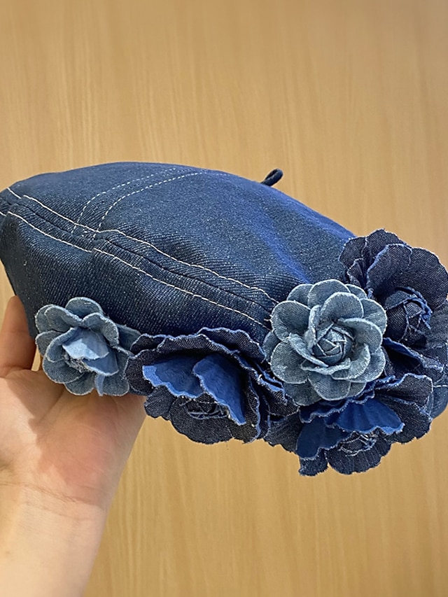 Vintage Flower Decor Beret Cap For Women Blue Denim Washed Berets Lightweight Octagonal Hat Classic Painter Hats