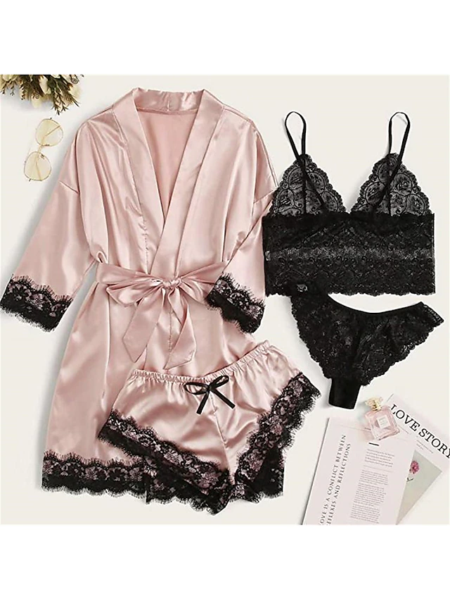 Women's Pajamas Sets 4 Pieces Pure Color Simple Casual Soft Home Daily Bed Satin Breathable V Wire Long Sleeve Shorts Summer Spring Home Outfits 12