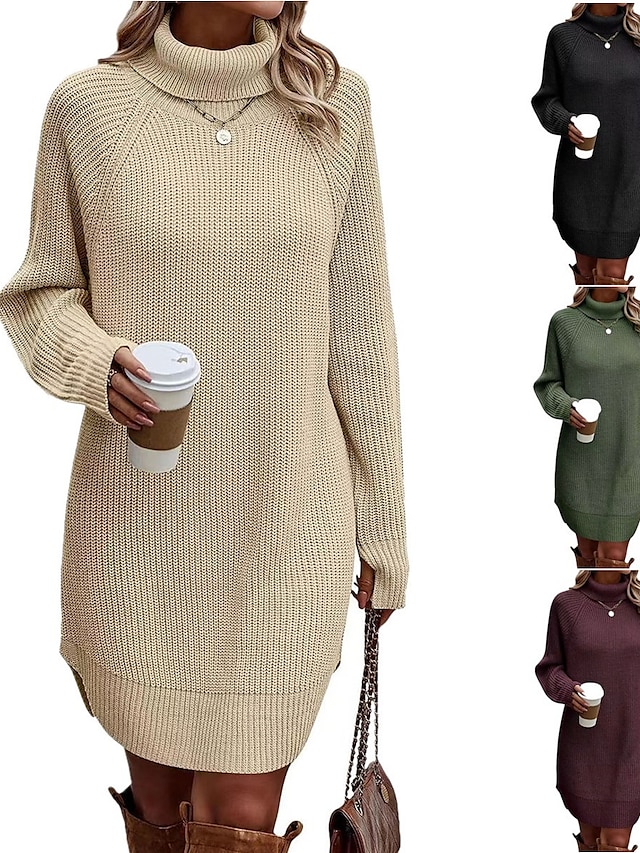  Women's Sweater Dress Jumper Dress Winter Dress Mini Dress Knitwear Fashion Casual Pure Color Outdoor Daily Vacation Going out Turtleneck Long Sleeve 2023 Loose Fit Black White Wine S M L XL