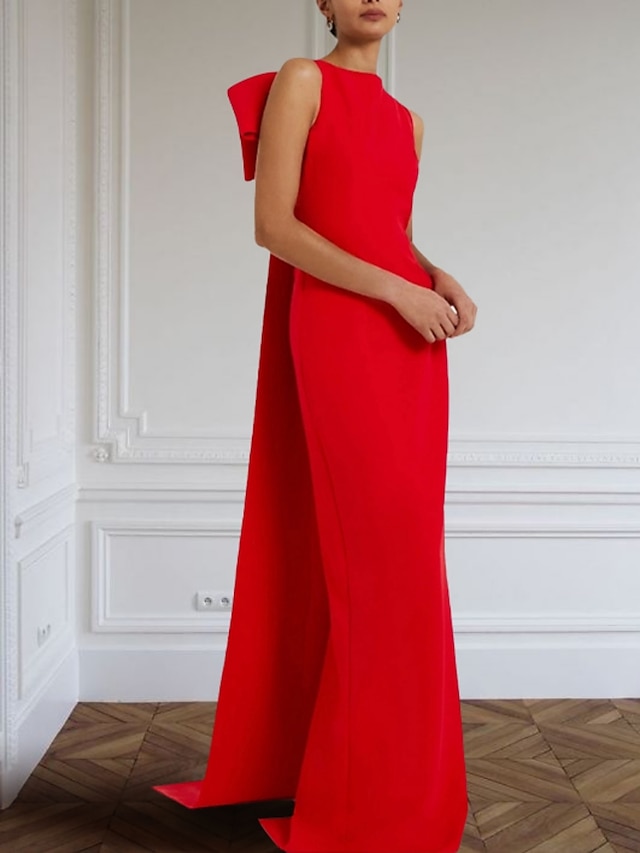  Etuikleid in Rot und Grün, Abendkleid, elegantes Kleid, formelles Kleid, Pinselschleppe, ärmellos, Juwelenausschnitt, Stretchstoff mit Schleife(n) 2024