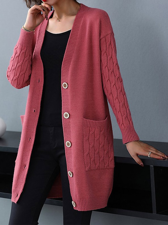  Women's Cardigan Sweater V Neck Cable Knit Knit Spandex Yarns Button Pocket Fall Winter Long Outdoor Daily Going out Stylish Casual Soft Long Sleeve Solid Color Black Red Blue S M L