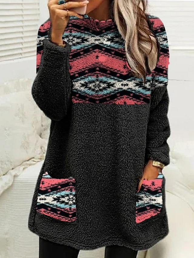  Women's Sweatshirt Pullover Fleece Tribal Casual Sports Print Pocket Black Teddy Ethnic Fuzzy Loose Fit Hoodie Long Sleeve Top Micro-elastic Fall & Winter