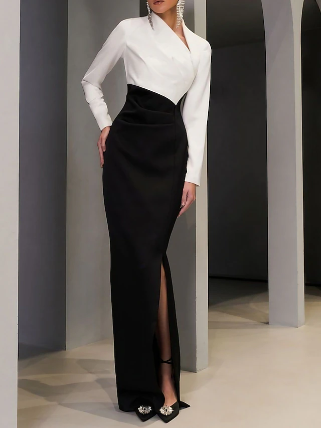 Sheath Evening Gown Elegant Dress Formal Wedding Guest Floor Length Long Sleeve V Neck Black Dress Stretch Fabric with Slit 9