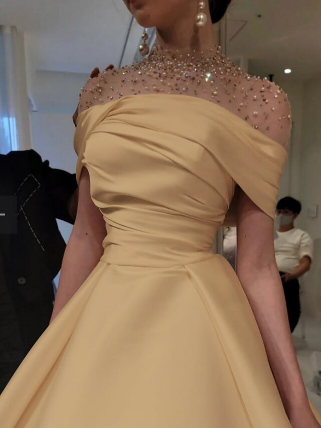 Niulatu A-Line Evening Gown Elegant Dress Formal Floor Length Short Sleeve Illusion Neck Satin with Ruched Beading Prom Dress HZ1110