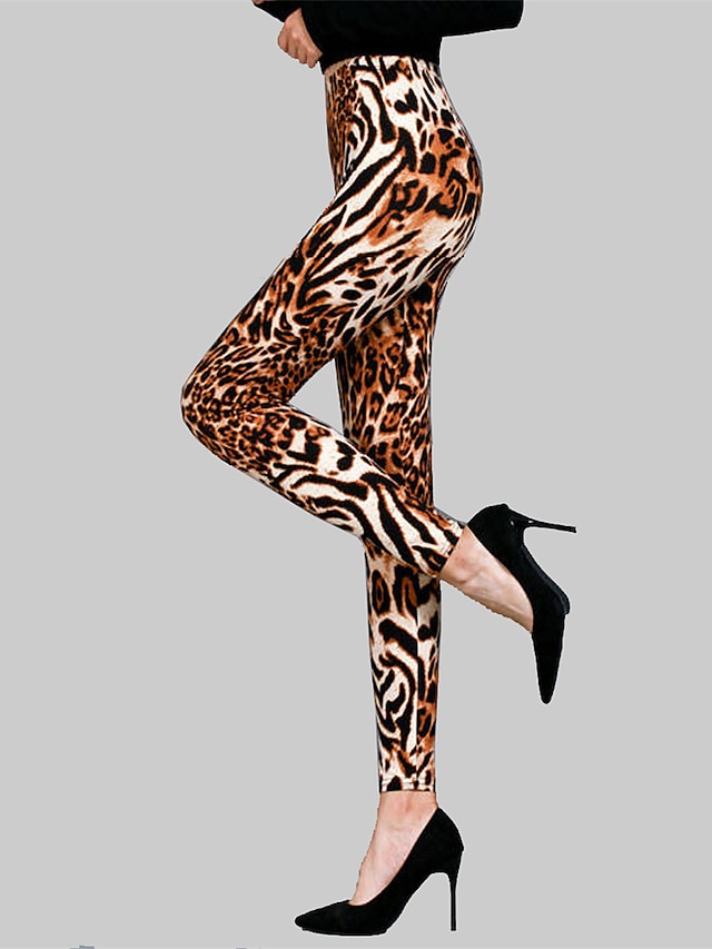  Mulheres Leggings Fibra de Leite Leopardo Leopardo laranja Leopardo listrado Moda Cintura Alta Comprimento total Ao ar livre Rua Outono Inverno