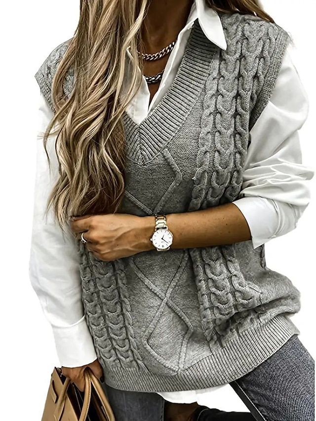  Women's Sweater Vest V Neck Ribbed Cable Knit Acrylic Patchwork Fall Winter Regular Outdoor Daily Going out Stylish Casual Soft Sleeveless Solid Color Black Wine Navy Blue S M L