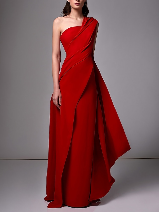  Etui-Abendkleid, rot-grünes Kleid, elegantes Kleid, formeller Schwung / Pinselschleppe, ärmellos, One-Shoulder-Stretch-Chiffon mit Falten, gerüscht 2024