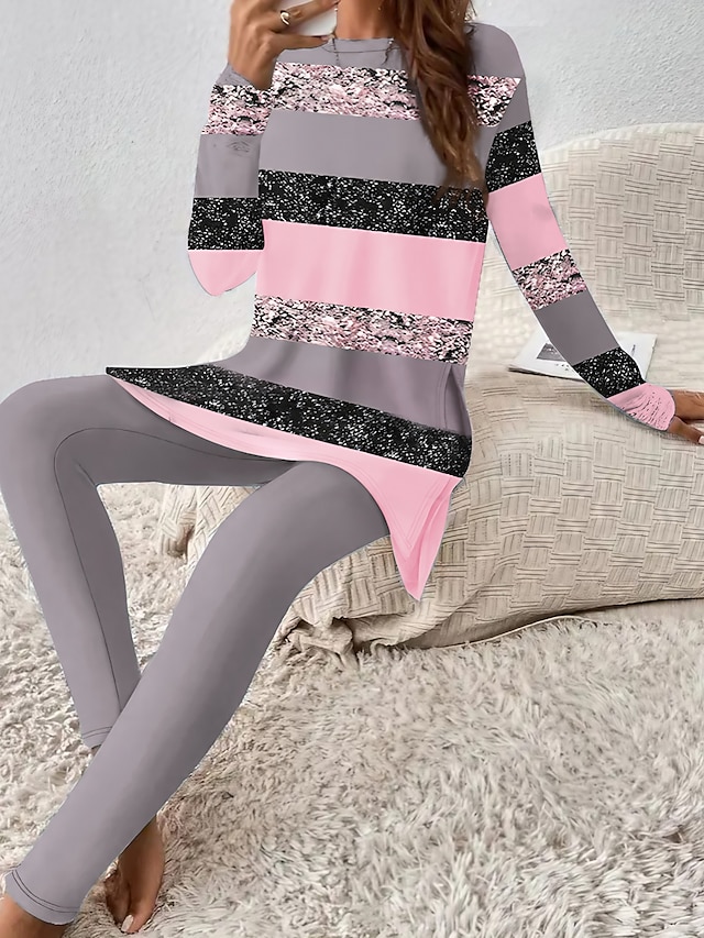  Γυναικεία Μπλουζάκι Σετ παντελονιών Συνδυασμός Χρωμάτων Καθημερινά Στάμπα Ανθισμένο Ροζ Μακρυμάνικο Μοντέρνα Στρογγυλή Λαιμόκοψη Άνοιξη & Χειμώνας