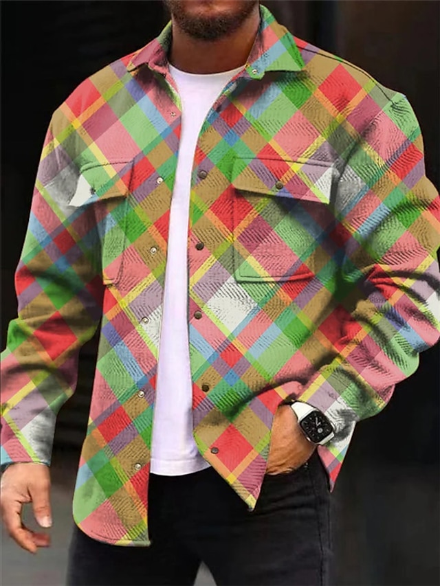  Herr Rutig Geometriska mönster Gradient Ramp Skjorta Skjorta jacka Övertröja Långärmad Ledigt Utomhus Gata Ledigt / vardag Höst vinter Nedvikt Knappar Ficka Mönster Rodnande Rosa Rubinrött Blå Purpur