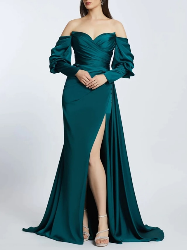 Asymmetric Ruched Formal Gown with Sweep Train Detail Dark Navy main image 1