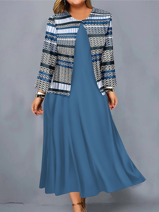  نسائي قياس كبير منحنى لباس غير رسمي مجموعة اللباس فستان قطعتين هندسي فستان ميدي كم طويل طباعة رقبة عالية مدورة موضة الأماكن المفتوحة أصفر أزرق الخريف الشتاء L XL XXL 3XL 4XL