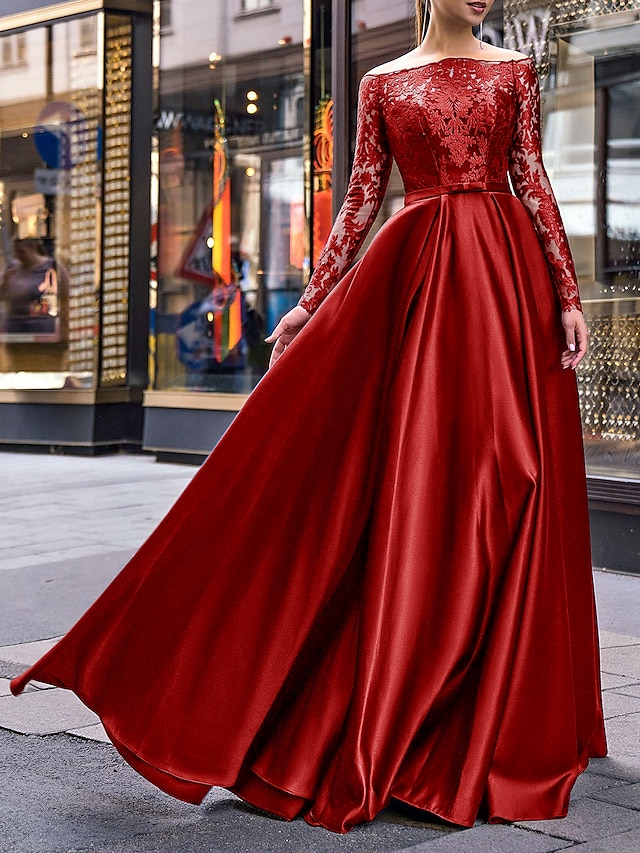  שמלת ערב שמלת ערב שמלת אלגנטית שמלת כלה אורחת סתיו באורך הרצפה עם שרוול ארוך חגורת כתף/אבנט סאטן עם אפליקציות 2024