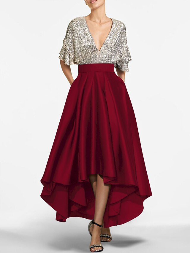 A-Line Wedding Guest Dresses Casual Dress Party Dress Wedding Party Asymmetrical Short Sleeve V Neck Bridesmaid Dress Chiffon with Ruffles main image 0