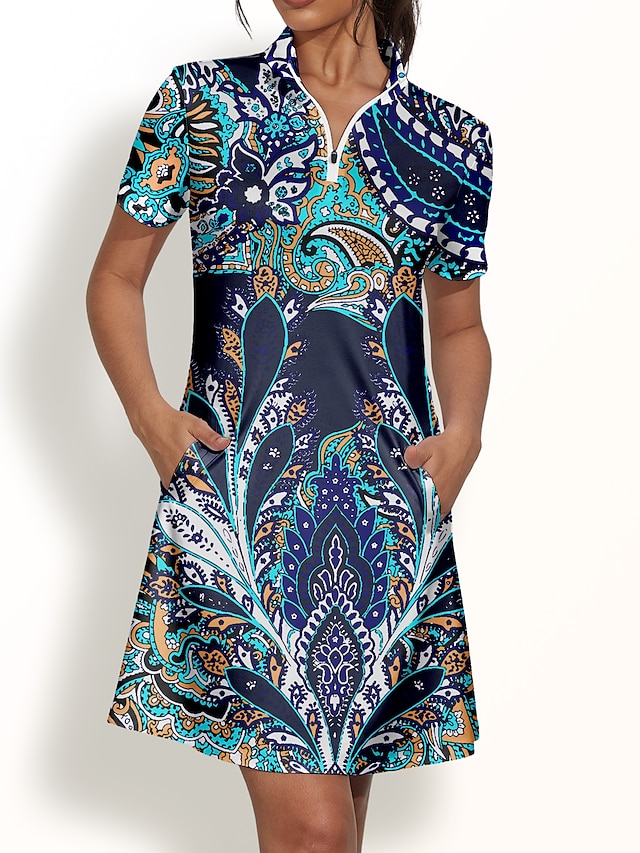  Women's Golf Dress Dark Navy Light Blue Short Sleeve Sun Protection Dress Paisley Ladies Golf Attire Clothes Outfits Wear Apparel