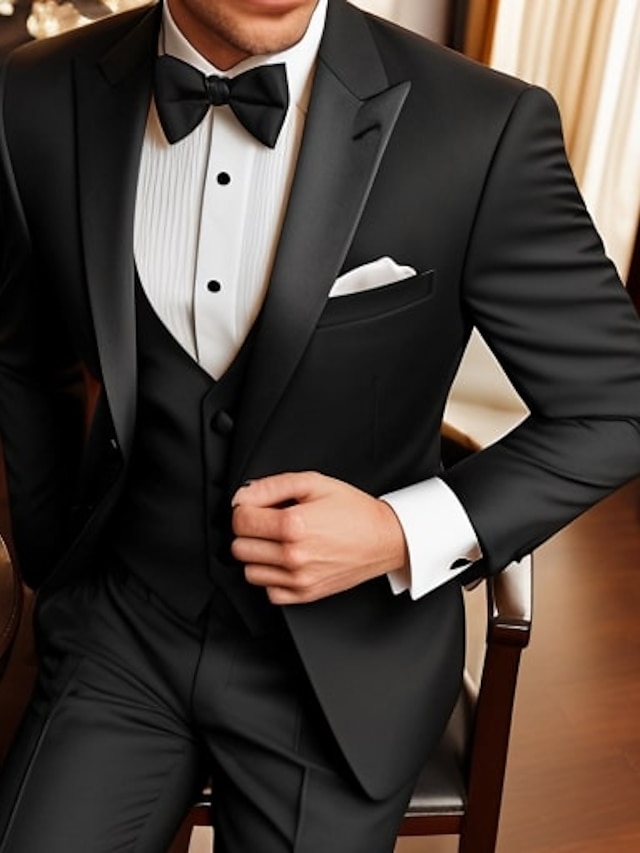 Black Men's Prom Suits Wedding Party Evening Tuxedos 3 Piece Solid ...