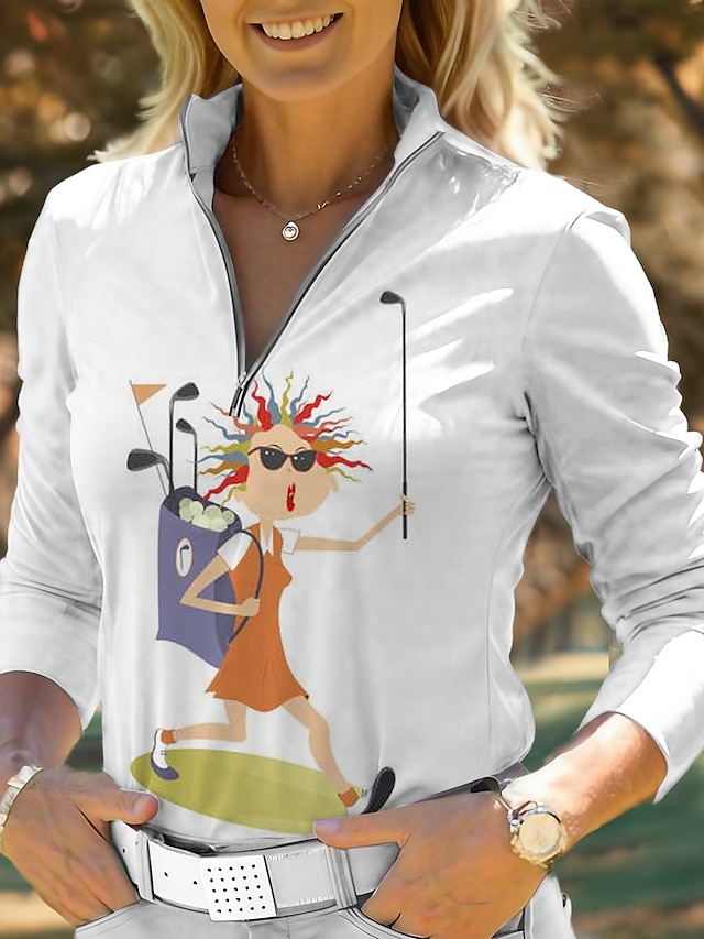  Femme T-shirt POLO Blanc + Bleu ciel manche longue Protection Solaire Top Automne Hiver Vêtements de golf pour femmes, tenues, vêtements