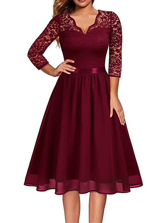 Women's Party Dress Lace Dress Cocktail Dress Midi Dress Wine Half