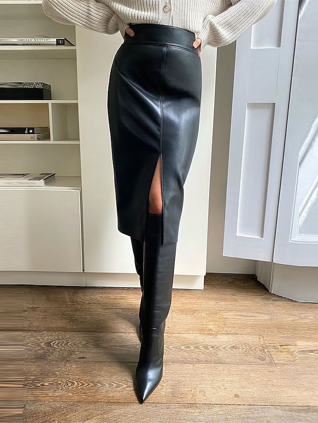 בגדי ריקוד נשים חצאית גוף מלא מידי מותניים גבוהים חצאיות קצוות מפוצלים אחיד רחוב יומי חורף עור מלאכותי אופנתי סקסי שחור