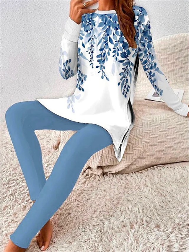  Damen T Shirt Hosen-Sets Graphic Bedruckt Casual Modisch Langarm Rundhalsausschnitt Marineblau Frühling & Herbst