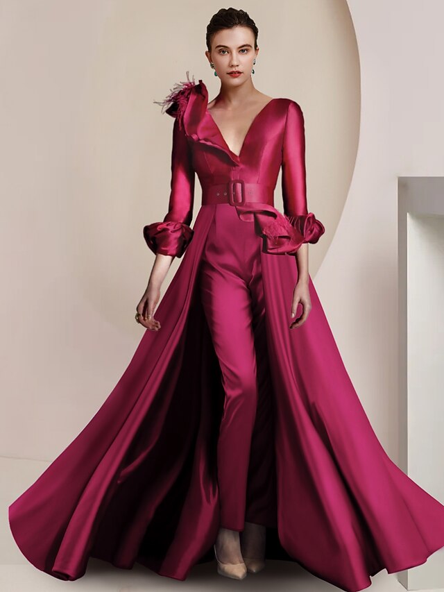 Two Piece Jumpsuit / Pantsuit Mother of the Bride Formal Wedding Guest Elegant Party V Neck Ankle Length Satin 3/4 Length Sleeve with Feather Sash / Ribbon free custom size 6