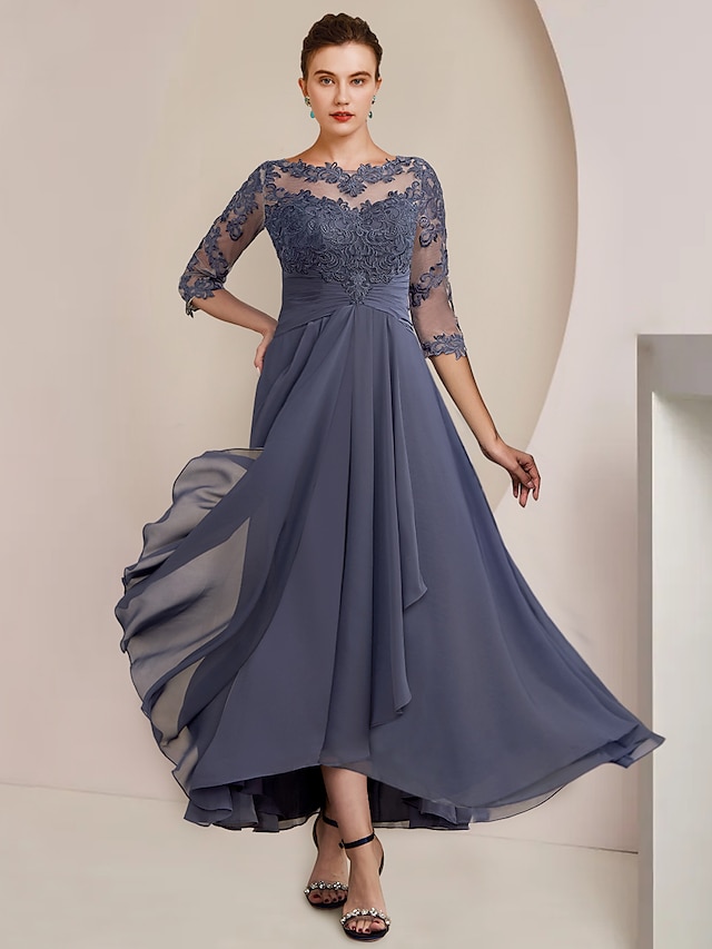  A-Line Mother of the Bride Dress Elegant Plus Size High Low Jewel Neck Asymmetrical Tea Length Chiffon Lace Half Sleeve with Ruched Appliques 2024