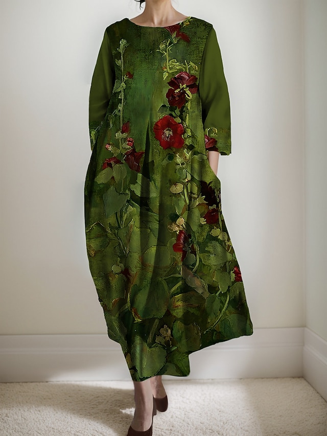  Femme Robe d'hiver Floral Imprimer Col Ras du Cou robe longue du quotidien manche longue Automne Hiver