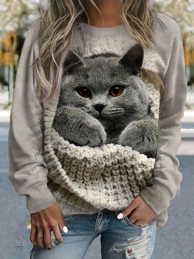  Women's Sweatshirt Pullover Cat Casual Sports Gray Active Sportswear Round Neck Long Sleeve Top Micro-elastic Fall & Winter