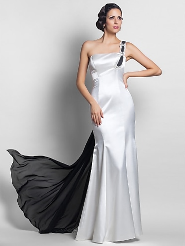  Mermaid / Trumpet Open Back Dress Formal Evening Military Ball Watteau Train Sleeveless One Shoulder Chiffon with Beading 2023