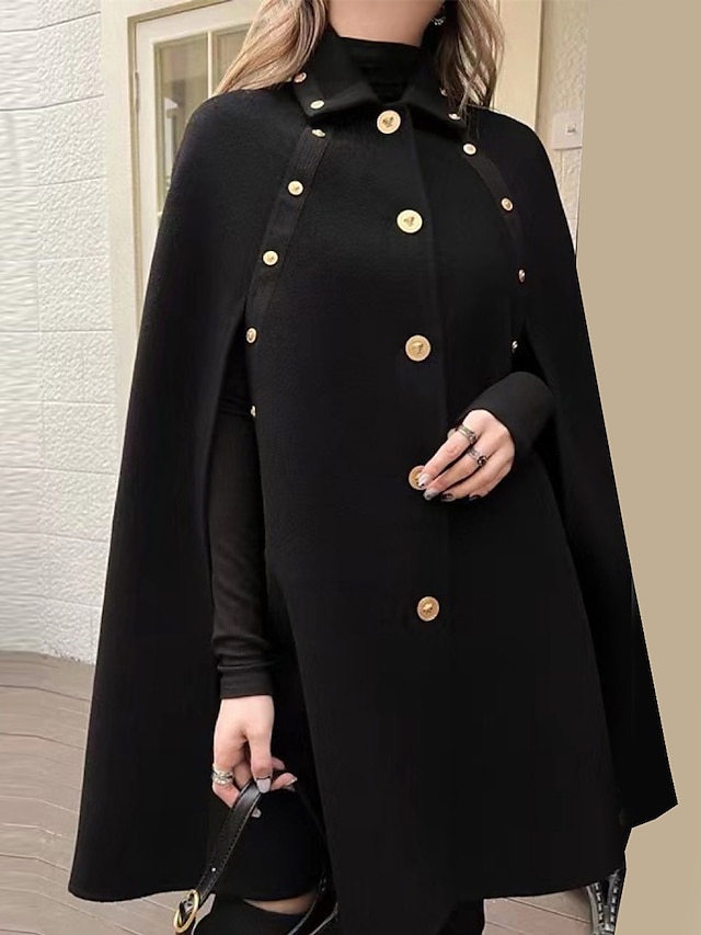  Women's Cloak / Capes Long Coat Winter Coat Thermal Warm Pea Coat Single Breasted Trench Coat Fall Party Elegant Lady Jacket Long Sleeve Black