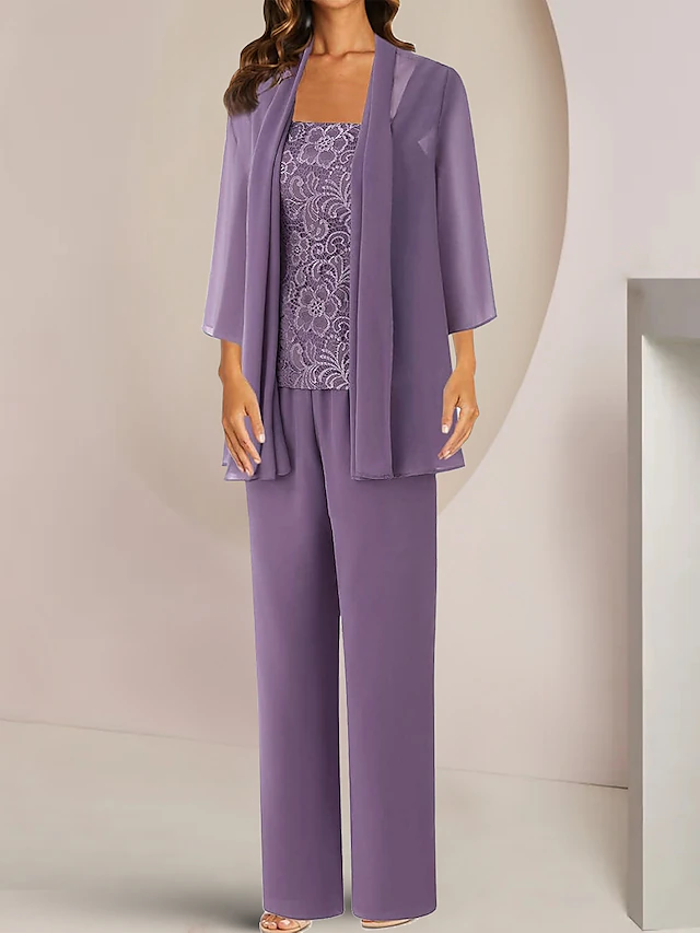 Pantsuit 3 Piece Mother of the Bride Formal Wedding Guest Elegant Square Neck Ankle Length Chiffon Lace Half Sleeve with Appliques 9