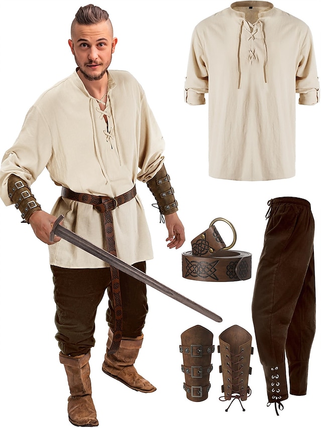  レトリ／ヴィンテージ 中世 ルネッサンス パンツ セット ウエストベルト 海賊 バイキング Ranger 男性用 バイキング ファンタジー ハロウィーン カーニバル マスカレード カーニバル 性能 マスカレード 成人 シャツ パンツ ベルト