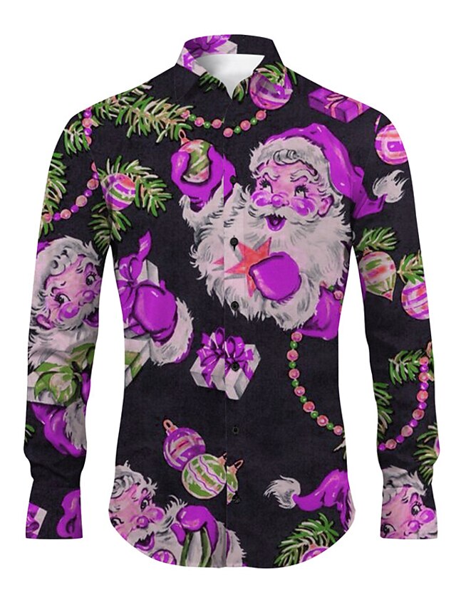  jule mænds julemands skjorter julemanden afslappet lange ærmer dagligt slid gå ud efterår & vinter turndown print button down gul rød lilla grøn 4-vejs stretch stof